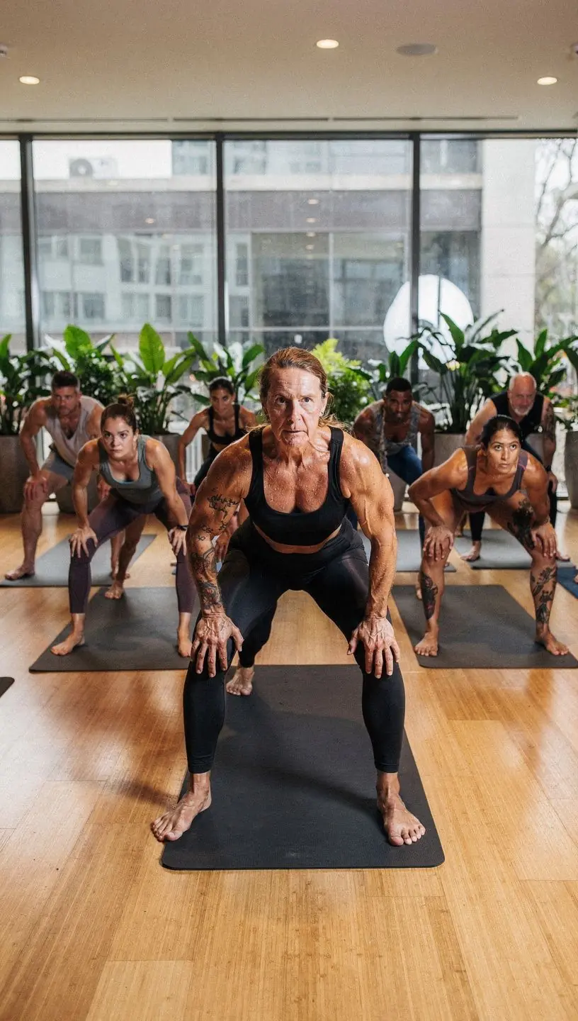 Instruktor jogi demonstrujący zaawansowaną pozycję w ruchu.