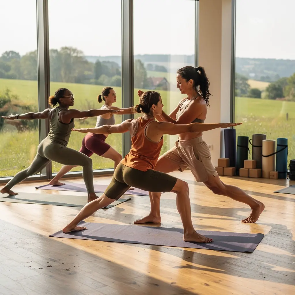 Grupa uczestników zajęć jogi w energicznej, wspólnej praktyce.