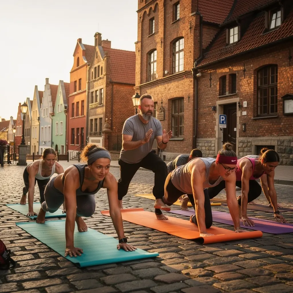 Młoda kobieta wykonująca dynamiczne asany jogi na macie w studio.
