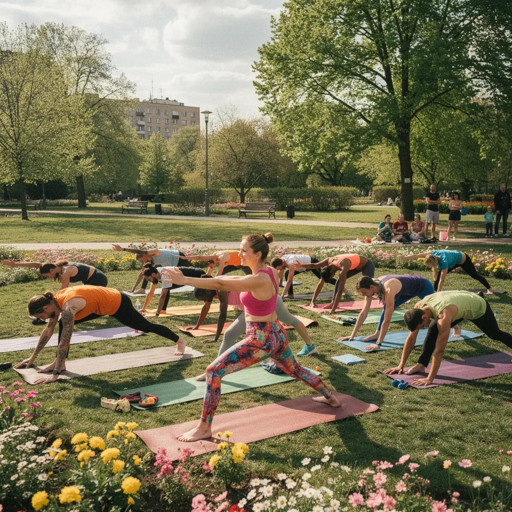 Instruktor pokazujący skomplikowaną pozycję jogi, zachęcający uczestników do naśladowania.