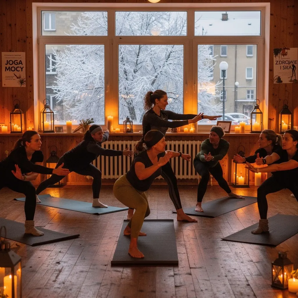 Uczestnicy zajęć jogi wykonujący asany, skupiający się na budowaniu siły mięśniowej.