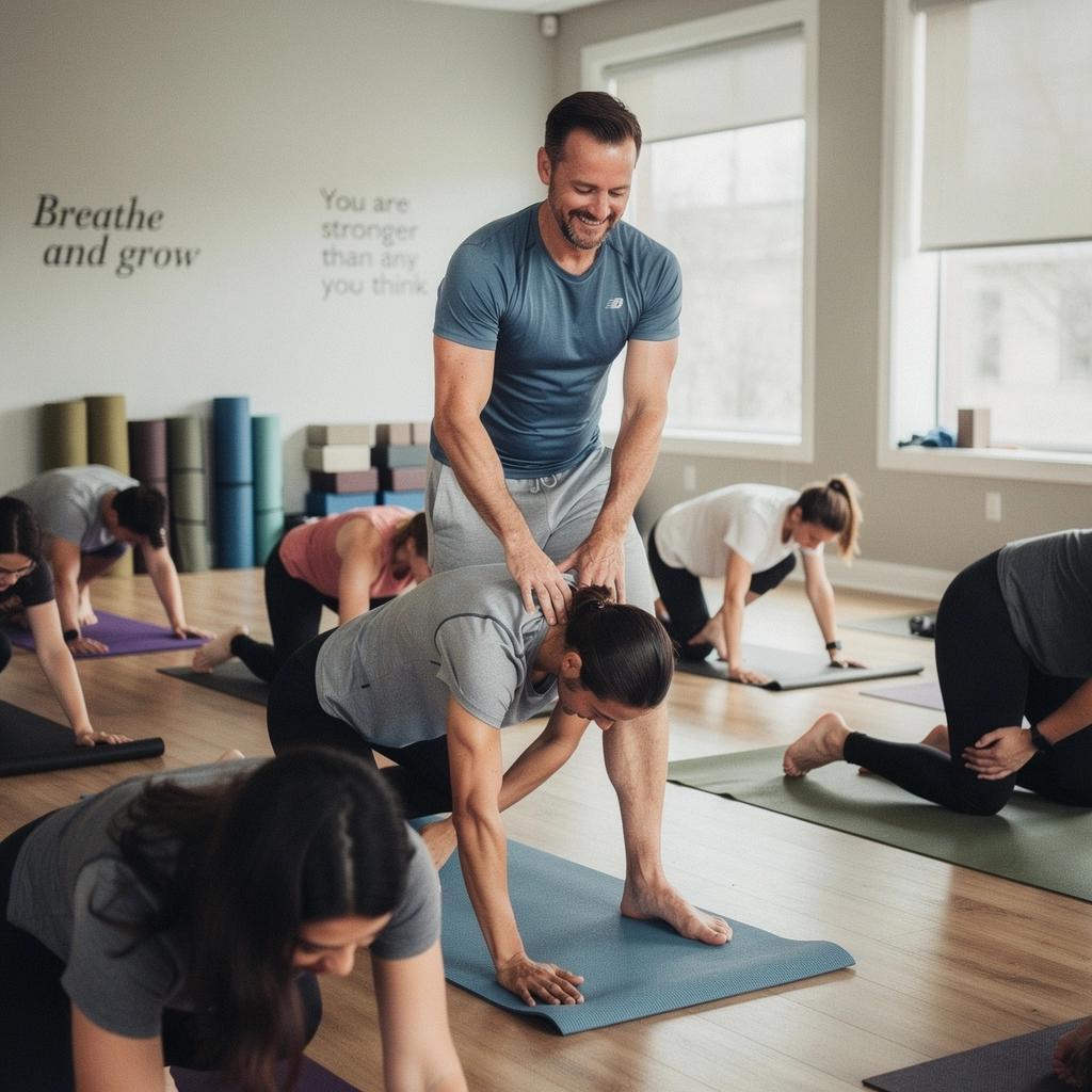 Widok na salę jogi z naturalnym światłem, tworzącą relaksującą atmosferę.